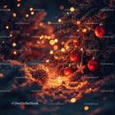 Warm glowing Christmas decorations on snowy pine branches