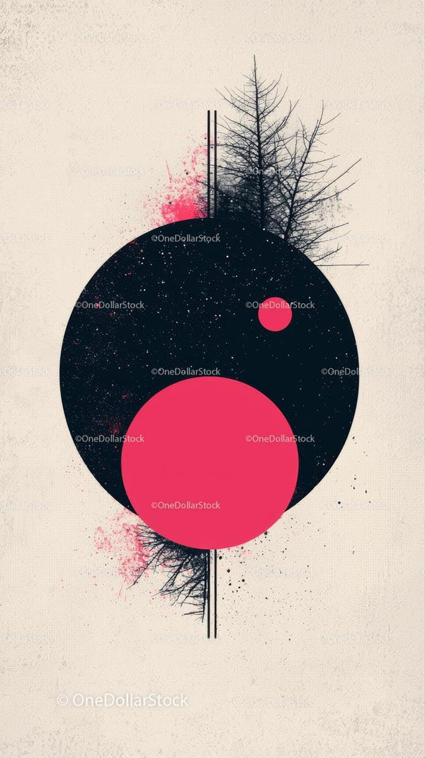 Abstract Tree Silhouette with Geometric Circles in Modern Digital Art