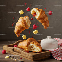 Fresh croissants with raspberry jam and butter on wooden tray