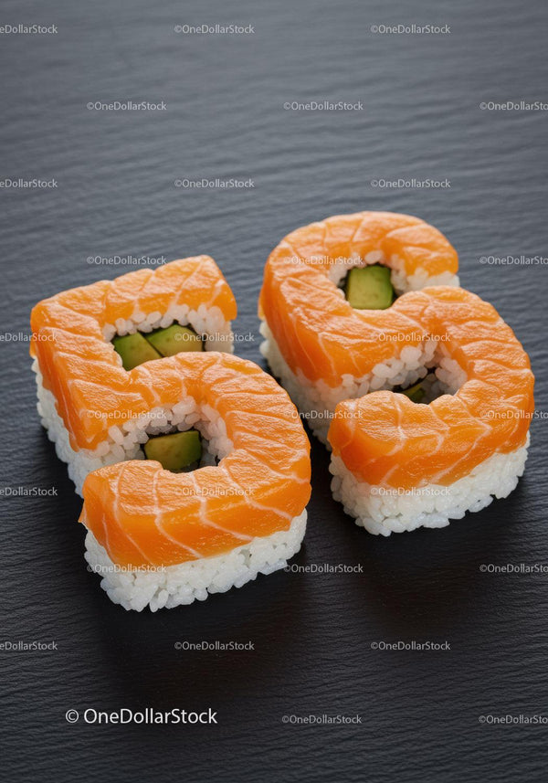 Creative salmon sushi rolls shaped as numbers fifty eight