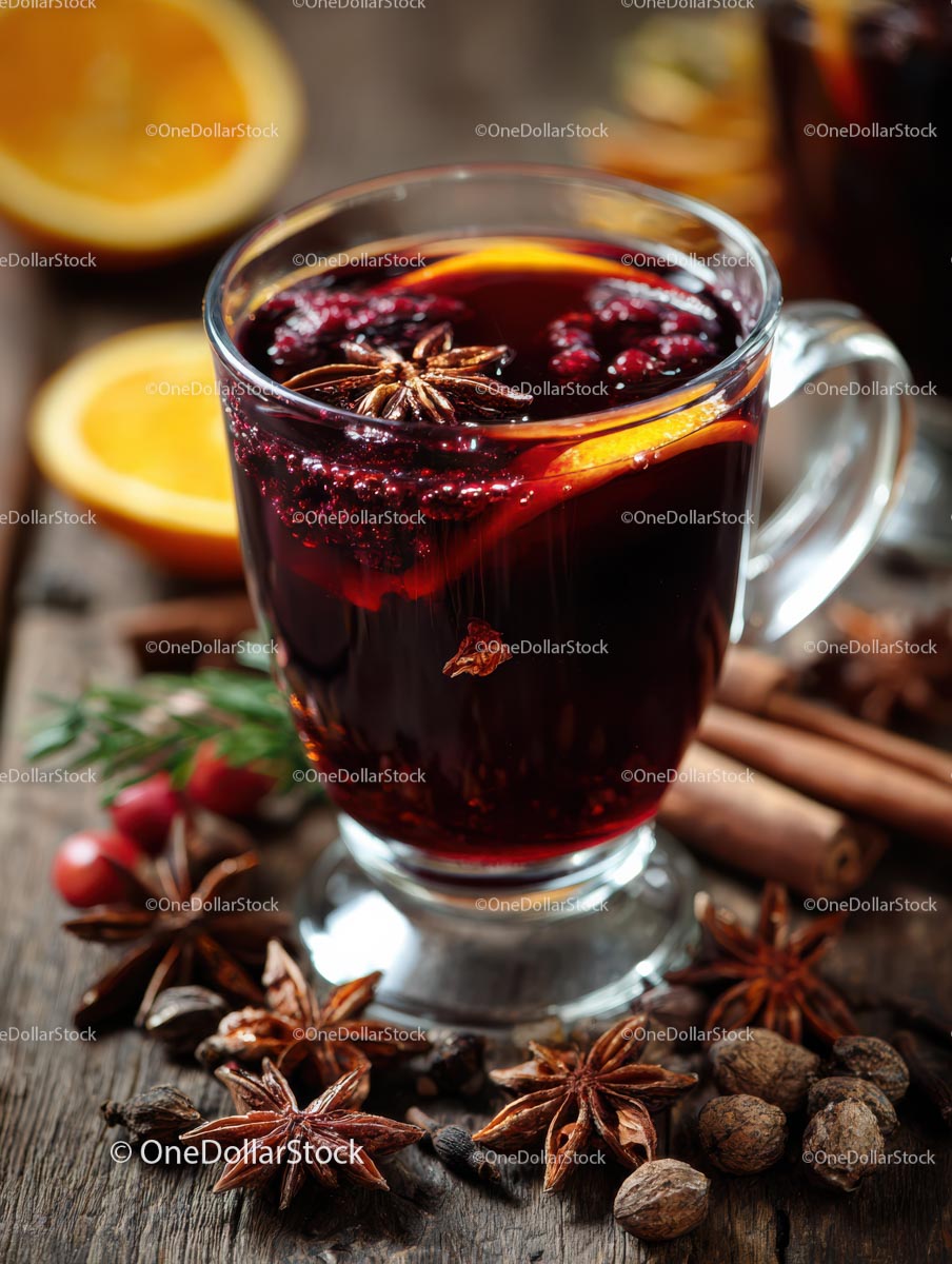Delicious Mulled Wine with Citrus and Spices in a Glass Mug