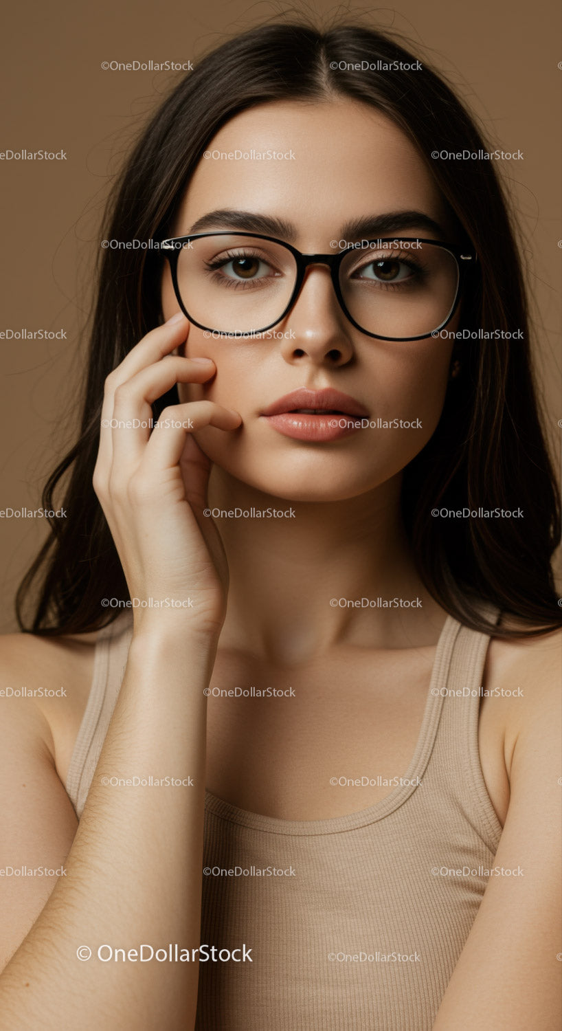 Portrait of a Young Woman Wearing Glasses with Clear Skin and Brown Eyes