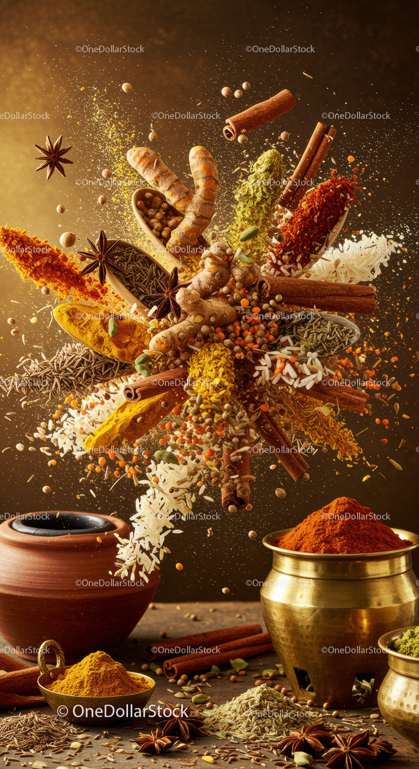 Assorted vibrant spices and herbs bursting in air