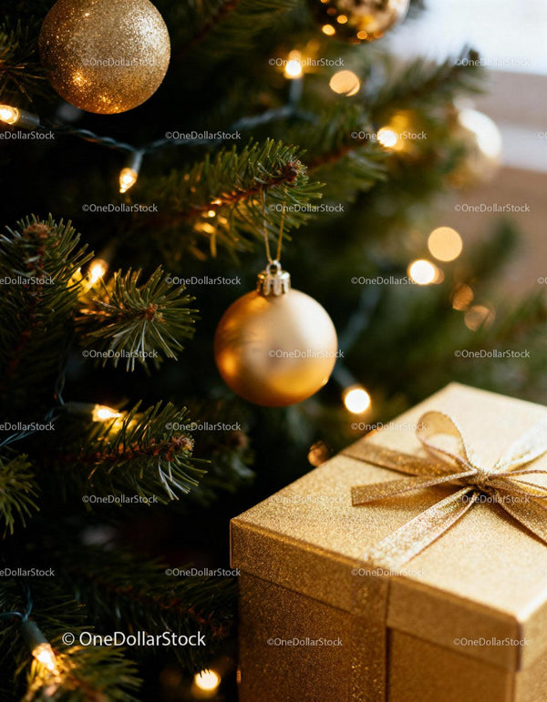 Golden Christmas ornaments and gift box near tree