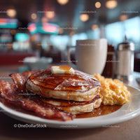 Stack of Fluffy Pancakes with Bacon Scrambled Eggs and Syrup