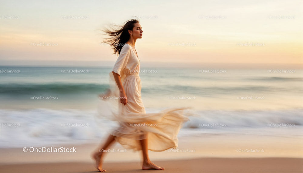 Graceful Woman Walking Along a Serene Beach at Dusk