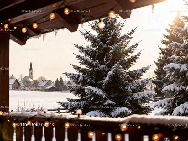 Snow-Covered Fir Trees on Winter Morning in Village