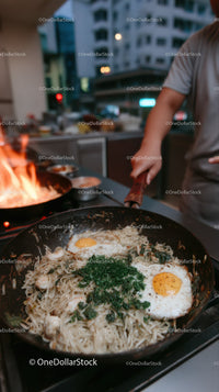 Stir-Fried Noodles with Vegetables in a Professional Street Food Setting