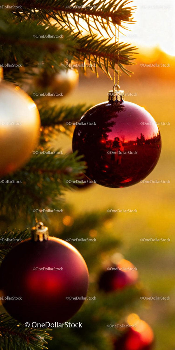 Red and Gold Christmas Ornaments on Pine Tree Branch