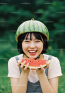 Joyful woman wearing watermelon helmet holding fruit slice