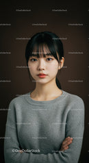 Elegant Young Woman in Gray Sweater Looking Confidently at Camera