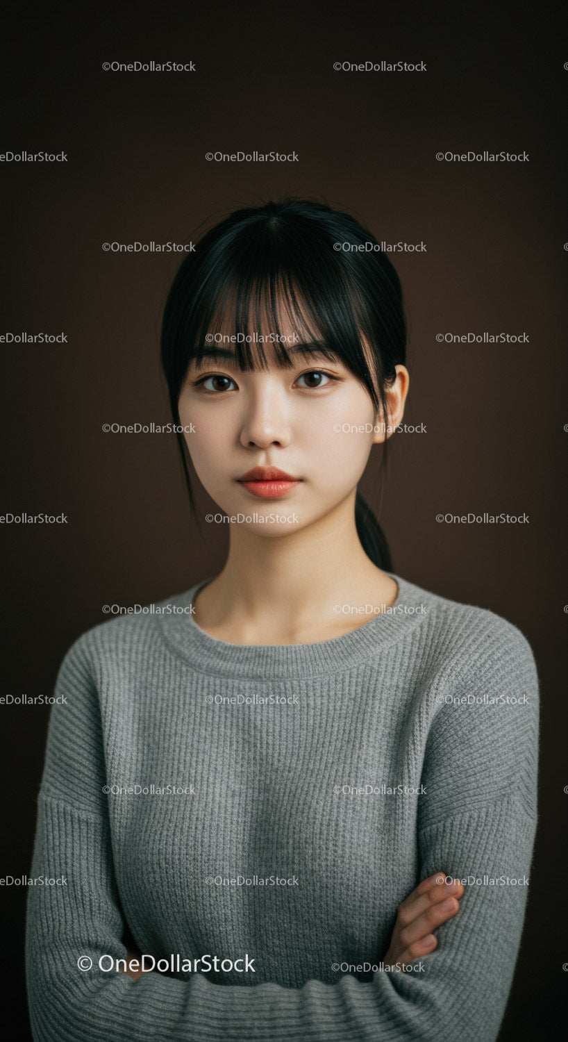 Elegant Young Woman in Gray Sweater Looking Confidently at Camera
