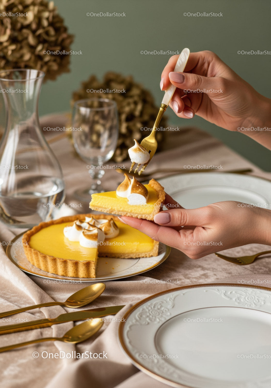 Lemon Tart Slice with Cream Topping on Elegant Dining Table
