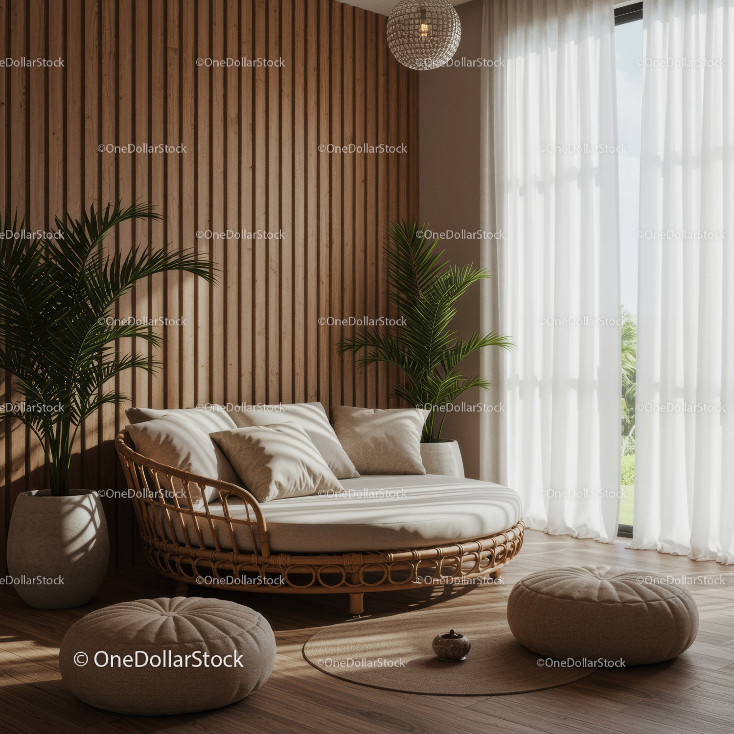 Cozy rattan lounge with cushions and indoor plants