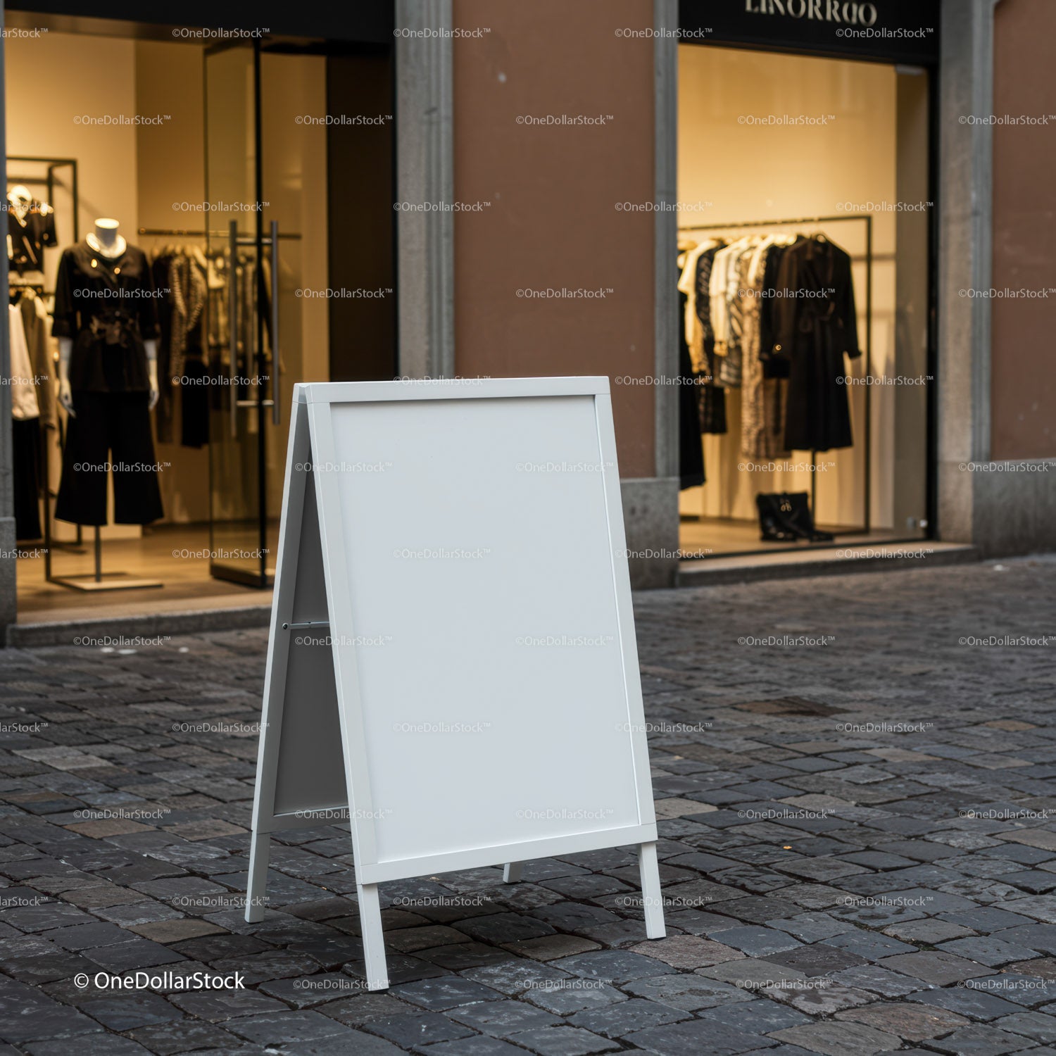 Blank sidewalk sign outside modern fashion boutique