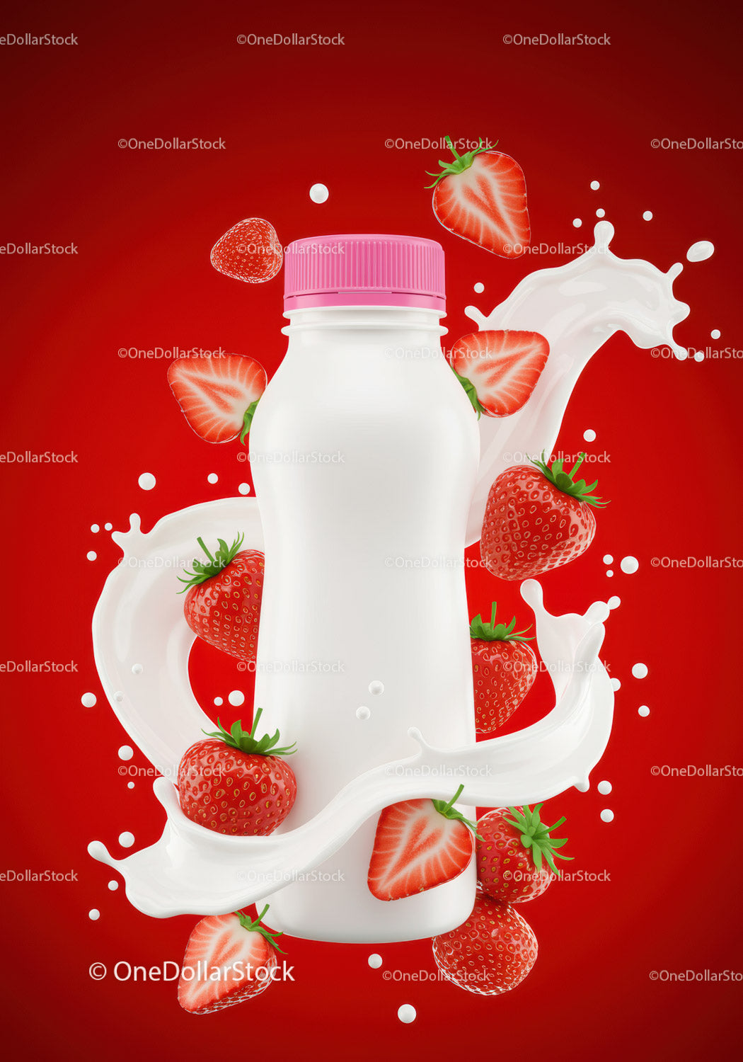 Strawberry yogurt bottle surrounded by fresh fruit splash