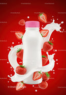 Strawberry yogurt bottle surrounded by fresh fruit splash