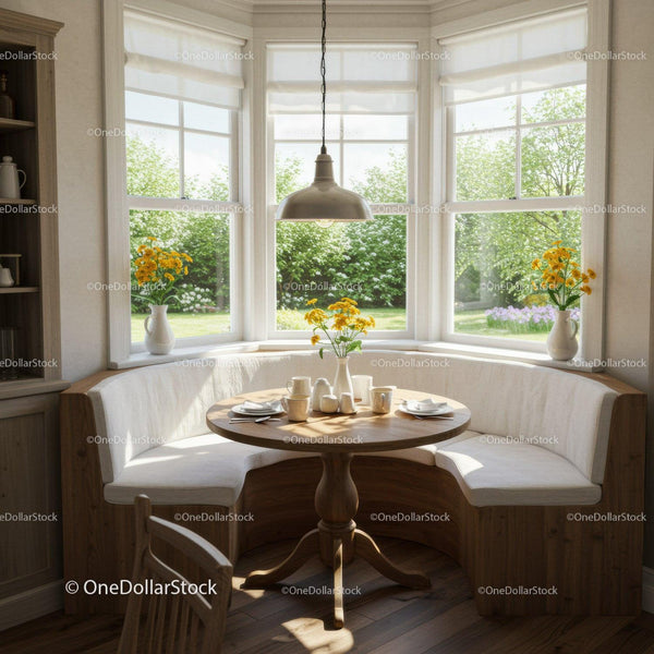 Cozy breakfast nook with round wooden table and flowers