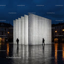 Modern White Perforated Facade Building Illuminated at Night