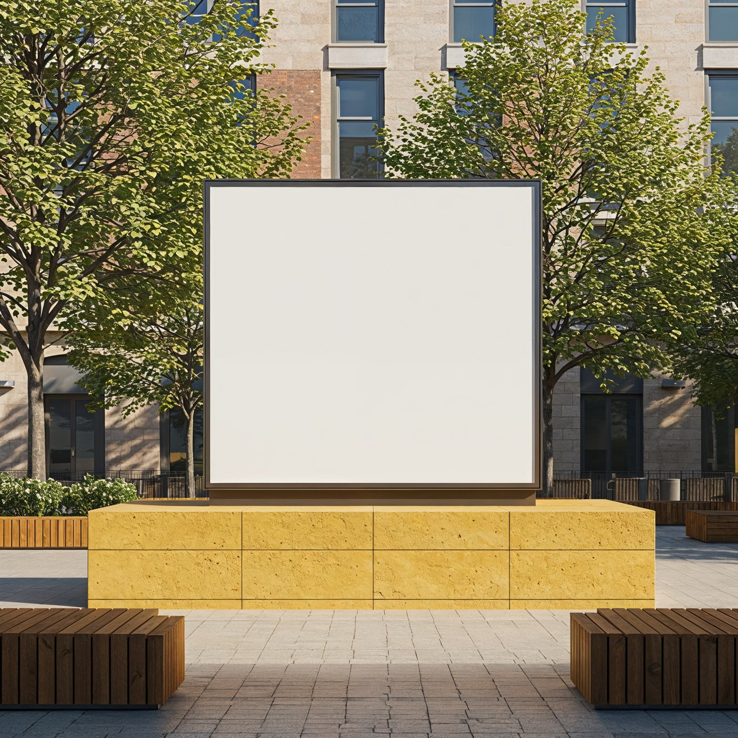 Blank square billboard in urban outdoor plaza setting