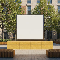 Blank square billboard in urban outdoor plaza setting
