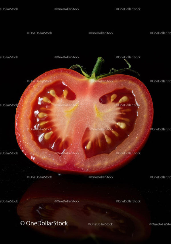 Fresh ripe tomato half with visible seeds and juice