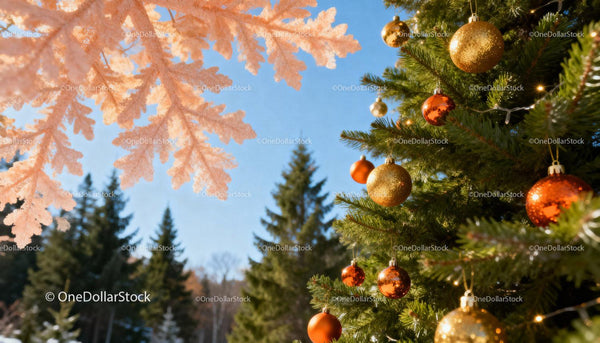 Festive Christmas Tree Decorated With Shiny Baubles Outdoors