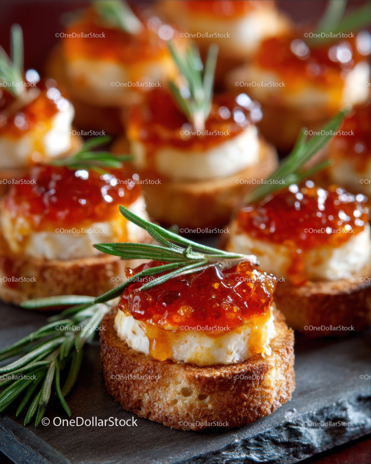 Gourmet Bruschetta with Tomato Jam and Fresh Herbs on Toasted Bread