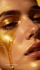 Close-up of face with golden liquid on skin