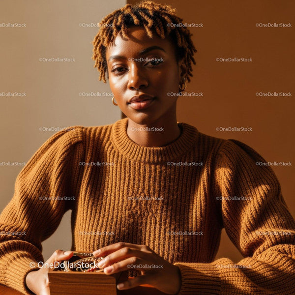 Elegant Portrait of a Young Woman with Curly Blonde Dreadlocks in Warm Brown Sweater