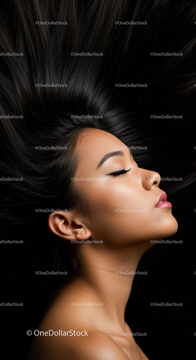 Profile of serene woman with flowing black hair