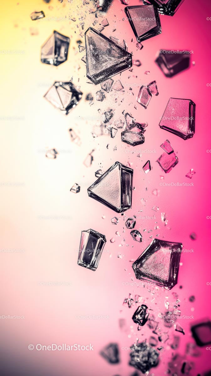 Dynamic Fragmentation of Glass Shards Explosion in Pink Background