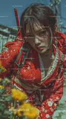 Bold Fashion Portrait of Young Woman in Red Kimono with Urban Background