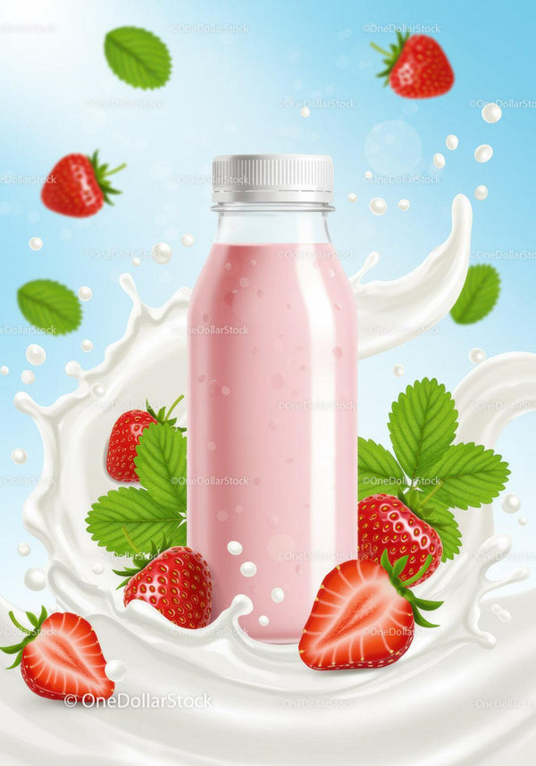 Strawberry yogurt bottle surrounded by fresh fruit splash JPG Mockup Image