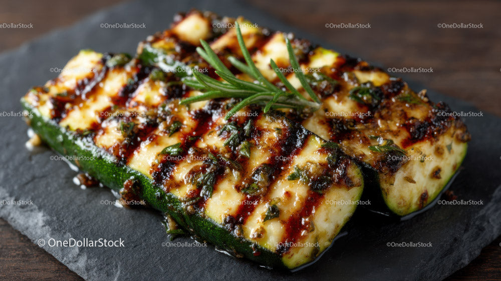 Grilled Zucchini Slices on Black Slate Plate with Char Marks