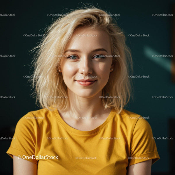 Jasna młoda kobieta z blond włosami w żółtej koszulce w pomieszczeniu