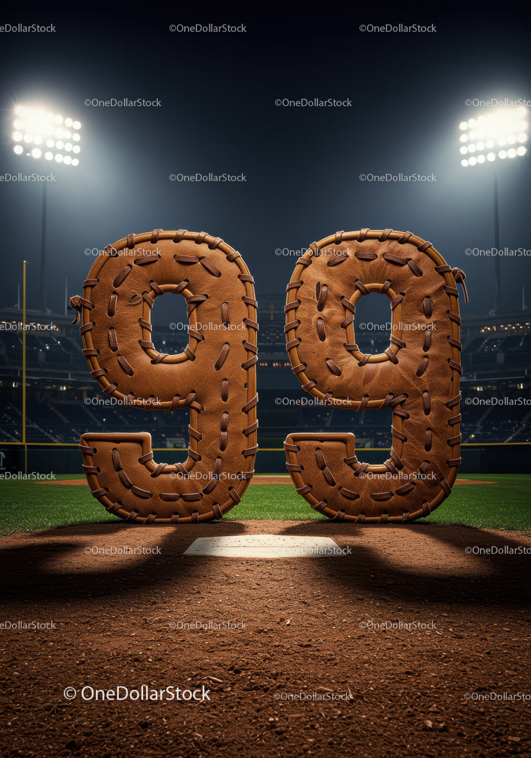 Baseball styled number 99 on stadium field at night