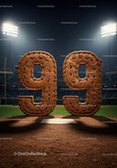 Baseball styled number 99 on stadium field at night