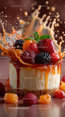 Fruit Topped Cheesecake with Berry Splash and Drizzle