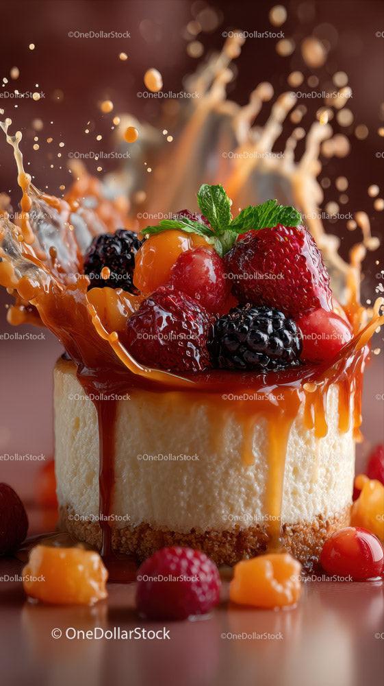 Fruit Topped Cheesecake with Berry Splash and Drizzle