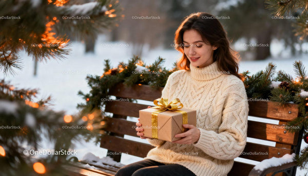 Young woman enjoying winter gift on decorated bench