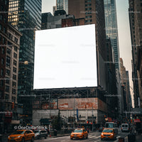 Busy urban street with large blank billboard in city