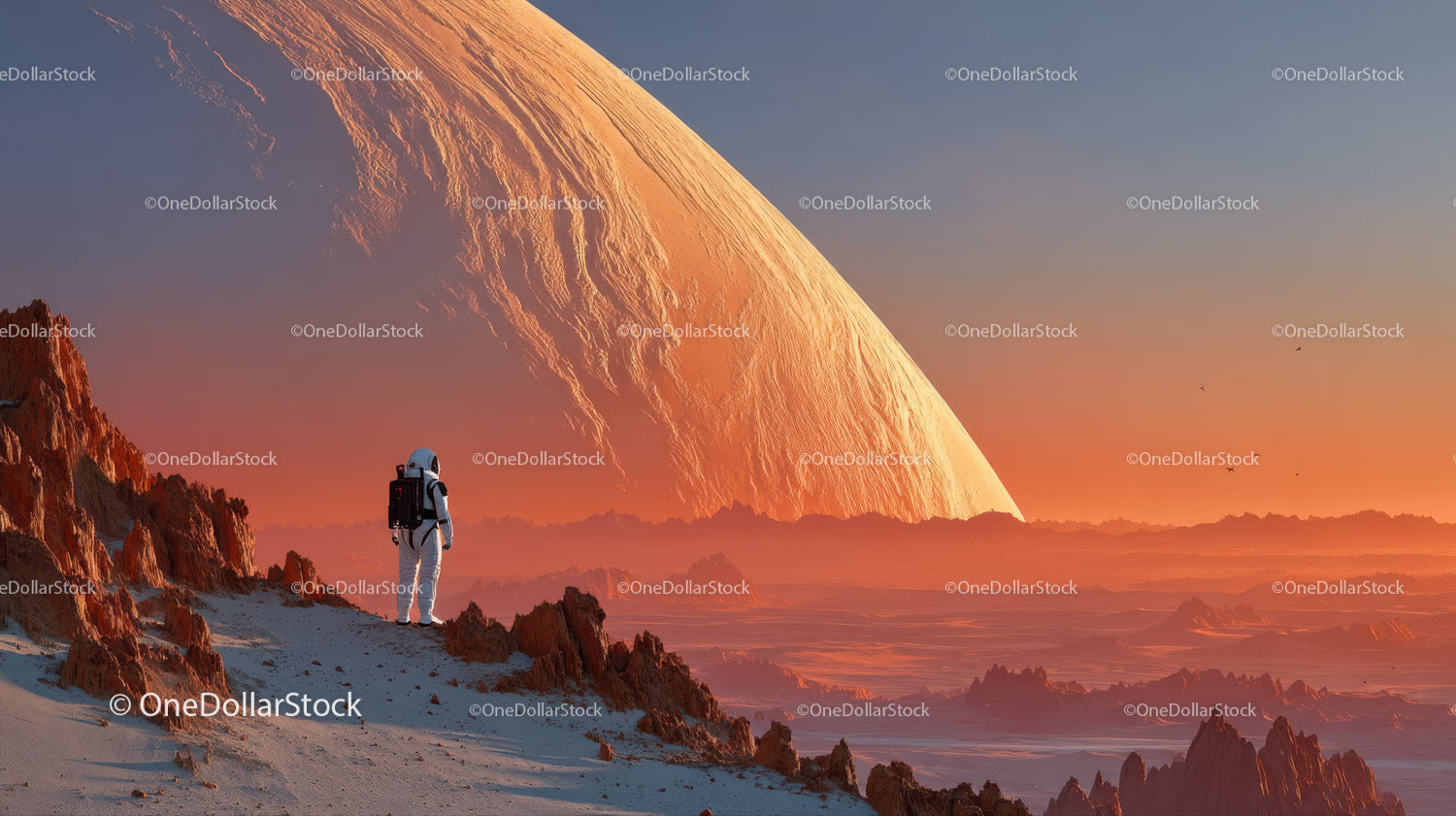 Astronaut Exploring a Surreal Alien Landscape with a Giant Orange Planet