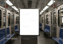 Empty subway car interior with illuminated ad display