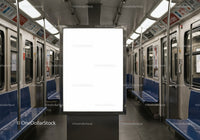 Empty subway car interior with illuminated ad display