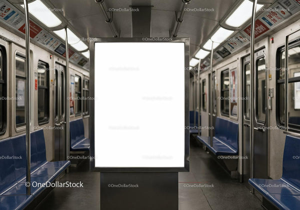 Empty subway car interior with illuminated ad display JPG Mockup Image