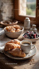 Morning Coffee and Croissants with Fresh Berries and Pastries