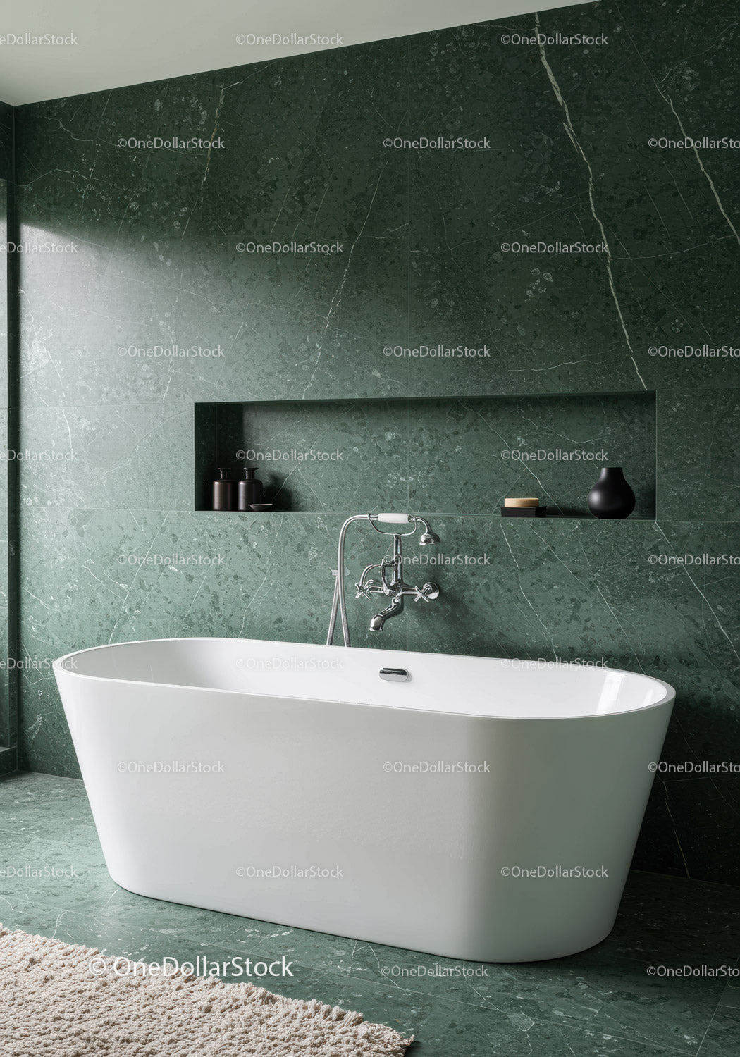 Luxurious Modern Bathroom with Green Marble Wall and Freestanding Bathtub