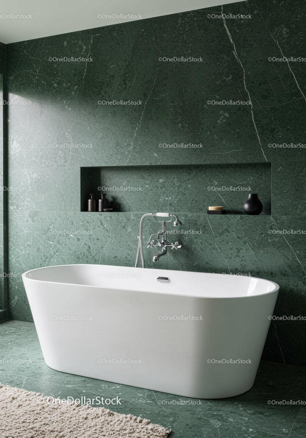 Luxurious Modern Bathroom with Green Marble Wall and Freestanding Bathtub