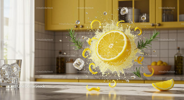 Fresh lemon splash with rosemary and ice in bright kitchen